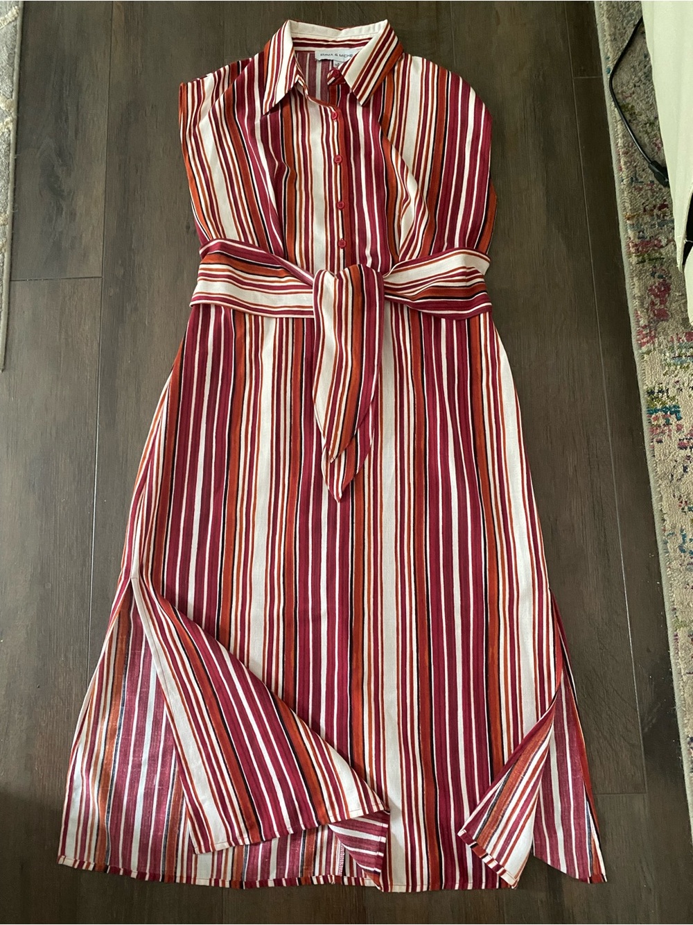 Emma & Michele Earthy Red Black and Cream Striped Midi Shirt Dress